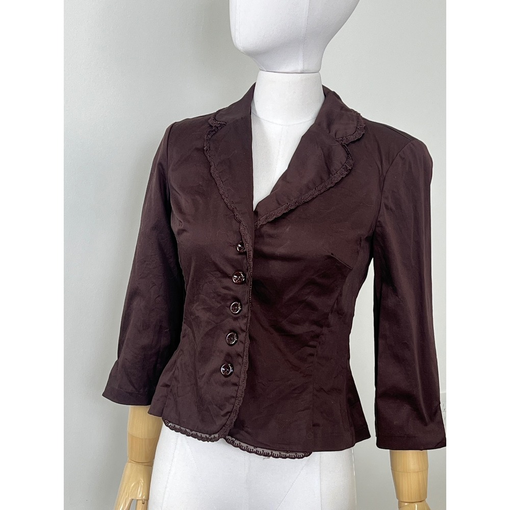 Vintage My Michelle Brown Lace Trim 3/4 Sleeve Y2K Blazer Jacket Size 3/4